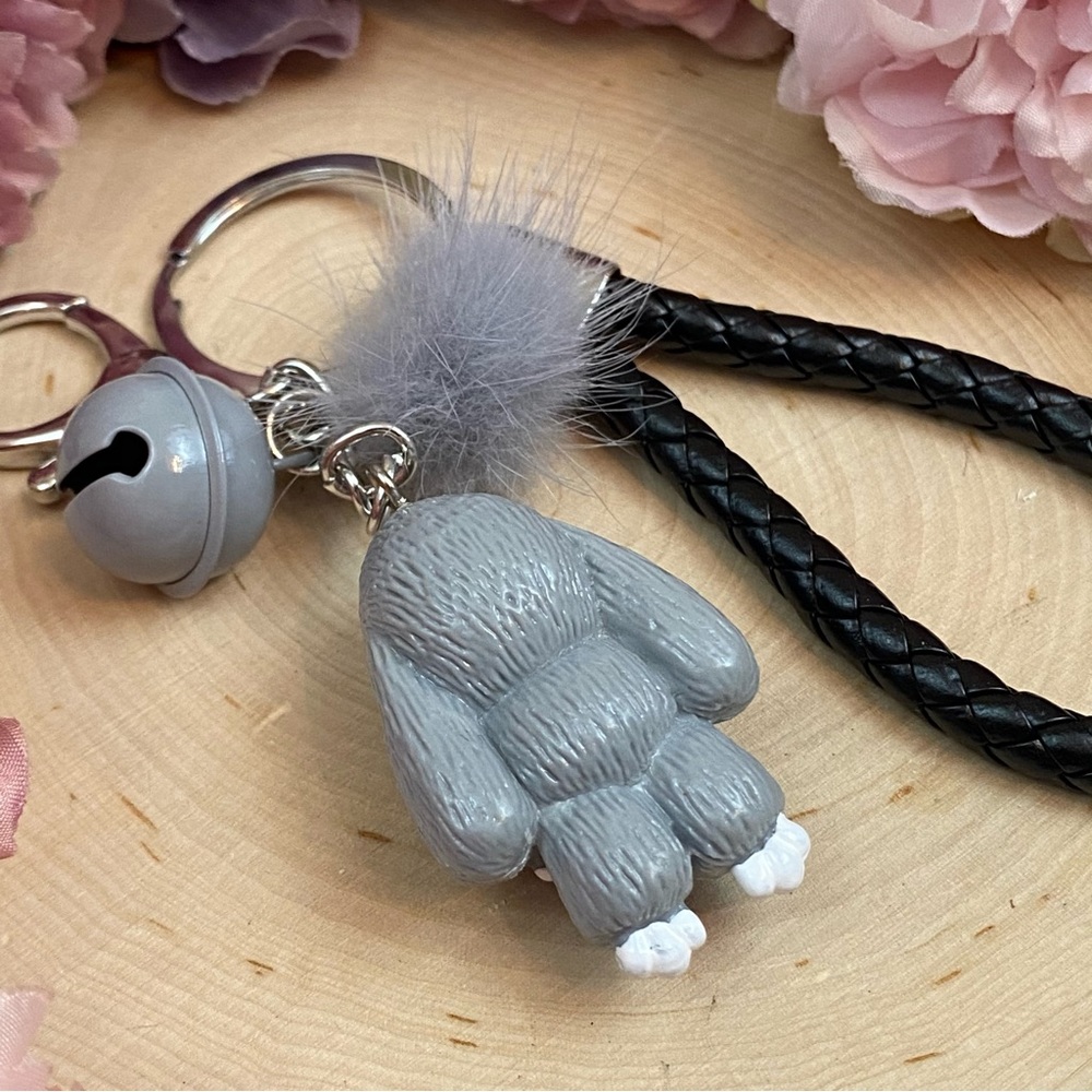Gray Bunny Charm Keychain with Wristlet Strap - Picture 10 of 13